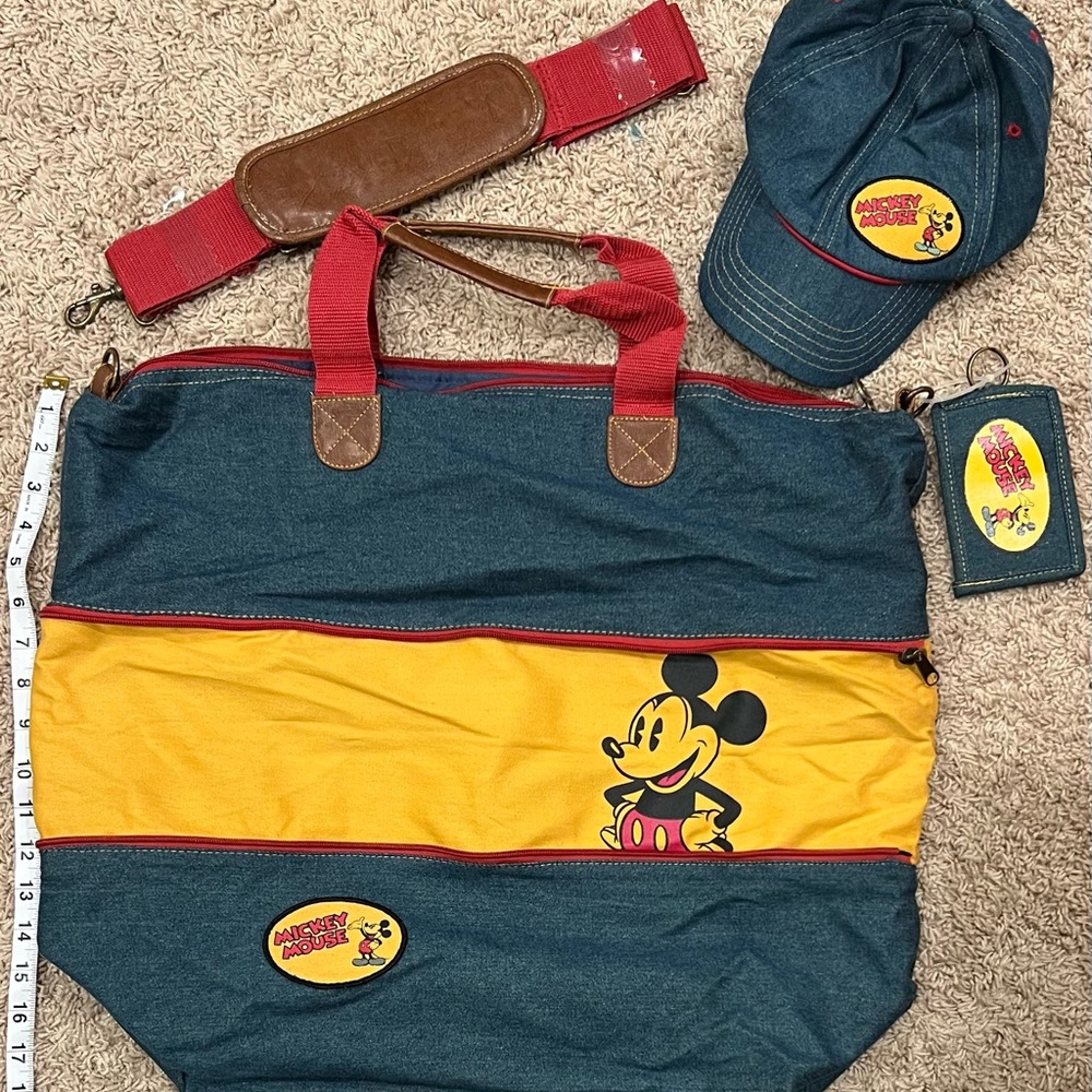 Vintage 90’s Disney Mickey Mouse Expanded Tote Bag W/ ID Tag & Denim Hat OS Cap